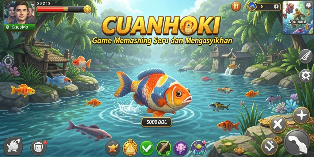 Tampilan gameplay <strong>CUANHOKI</strong> dengan memancing di lokasi yang indah.