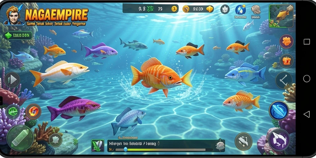 Tangkapan layar gameplay <strong>NAGAEMPIRE</strong> menunjukkan aksi seru dalam menembak ikan.